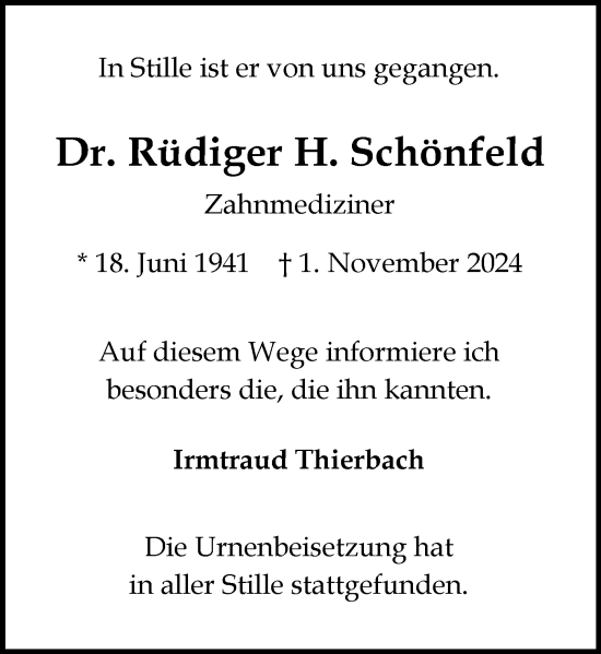 Traueranzeige von Rüdiger Schönfeld von Wiesbadener Kurier
