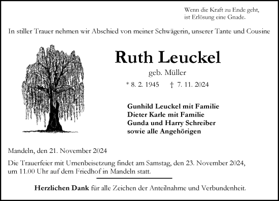 Traueranzeige von Ruth Leuckel von Dill Block