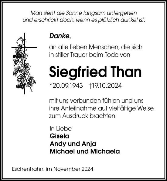 Traueranzeige von Siegfried Than von Wiesbadener Kurier