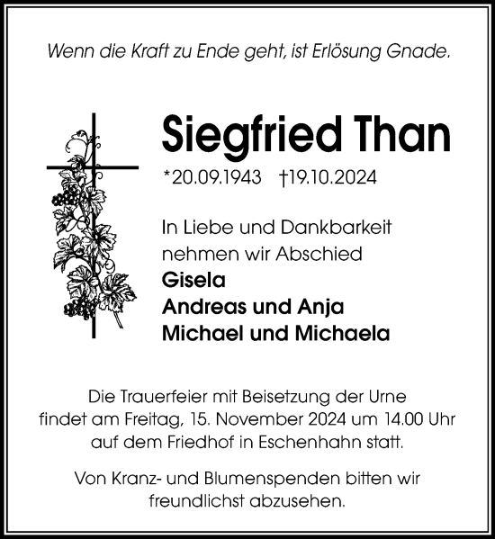 Traueranzeige von Siegfried Than von Wiesbadener Kurier