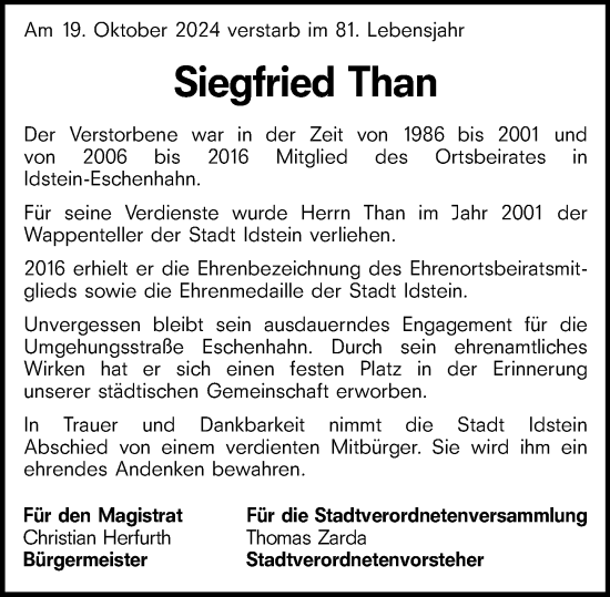Traueranzeige von Siegfried Than von Idsteiner Land/Untertaunus