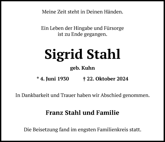 Traueranzeige von Sigrid Stahl von Wiesbadener Kurier