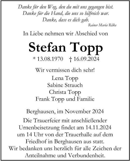 Traueranzeige von Stefan Topp von Wetzlarer Neue Zeitung