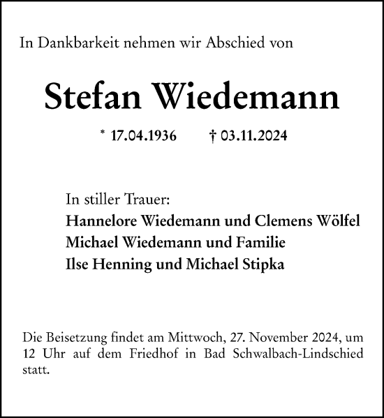 Traueranzeige von Stefan Wiedemann von Wiesbadener Kurier
