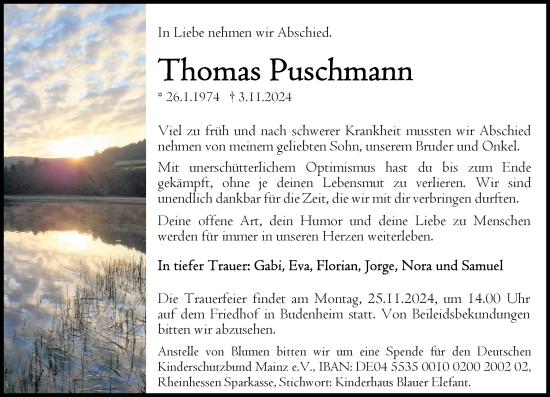 Traueranzeige von Thomas Puschmann von Allgemeine Zeitung Mainz