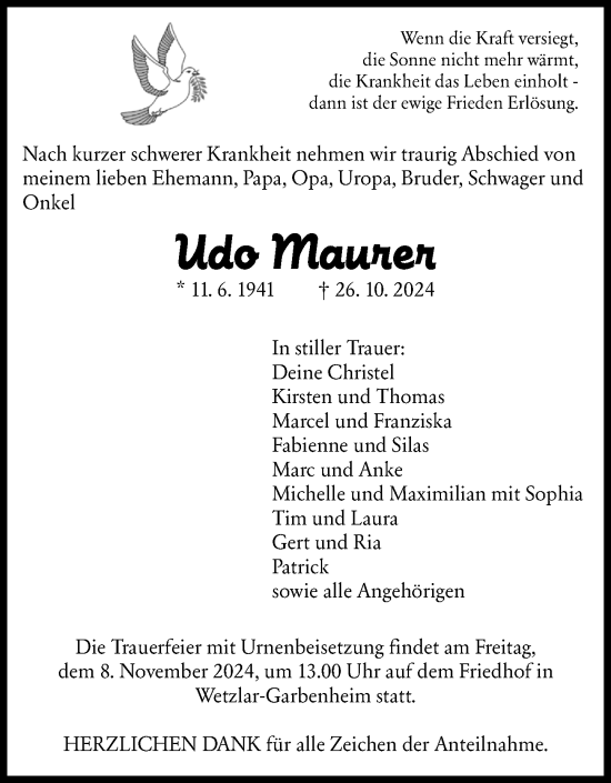 Traueranzeige von Udo Maurer von Wetzlarer Neue Zeitung