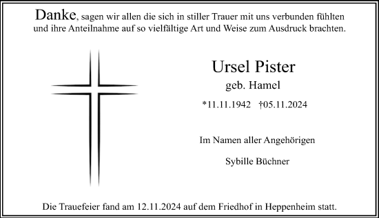 Traueranzeige von Ursel Pister von Starkenburger Echo