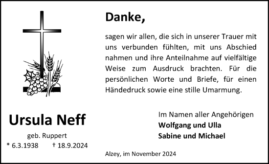 Traueranzeige von Ursula Neff von Allgemeine Zeitung Alzey