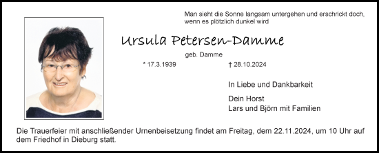 Traueranzeige von Ursula Petersen-Damme von Dieburger Anzeiger/Groß-Zimmerner Lokal-Anzeiger