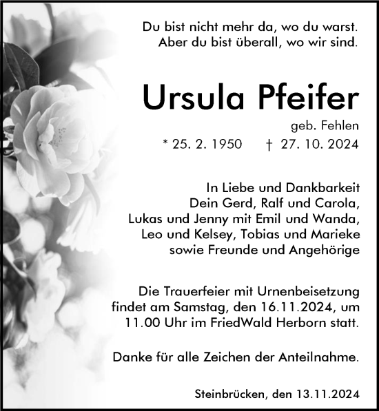 Traueranzeige von Ursula Pfeifer von Dill Block