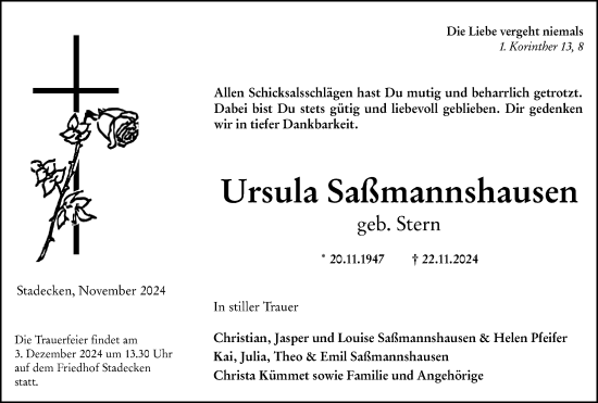 Traueranzeige von Ursula Saßmannshausen von Allgemeine Zeitung Mainz