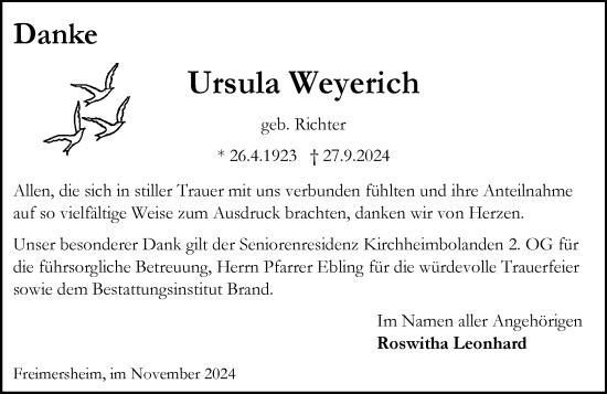 Traueranzeige von Ursula Weyerich von Allgemeine Zeitung Alzey