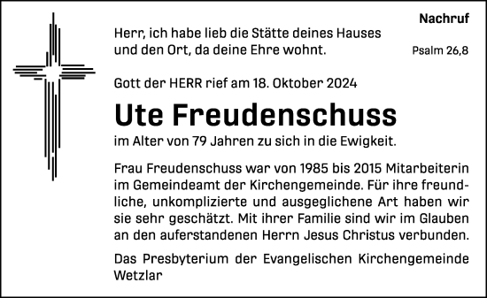 Traueranzeige von Ute Freudenschuss von Wetzlarer Neue Zeitung