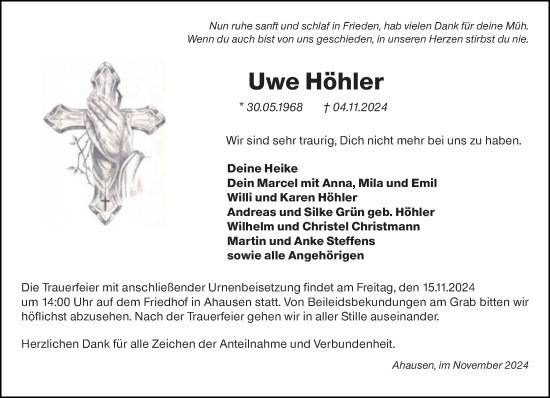 Traueranzeige von Uwe Höhler von Weilburger Tageblatt