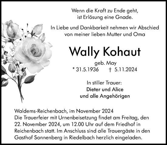 Traueranzeige von Wally Kohaut von Camberger Anzeiger