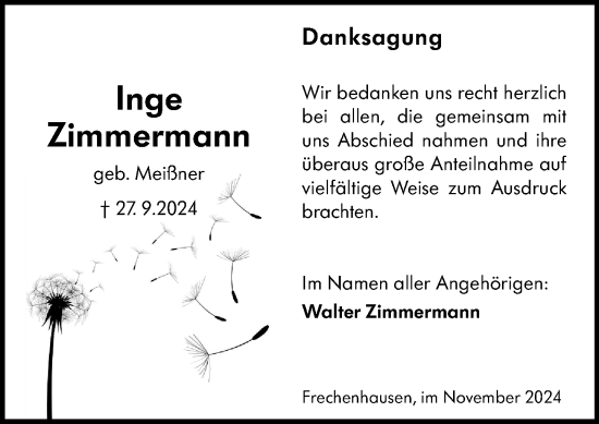 Traueranzeige von Walter Zimmermann von Hinterländer Anzeiger