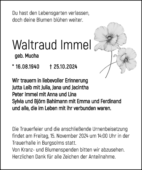 Traueranzeige von Waltraud Immel von Wetzlarer Neue Zeitung