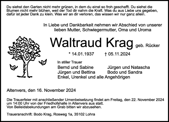 Traueranzeige von Waltraud Krag von Hinterländer Anzeiger