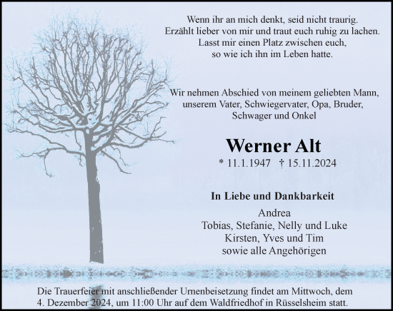 Traueranzeige von Werner Alt von Rüsselsheimer Echo