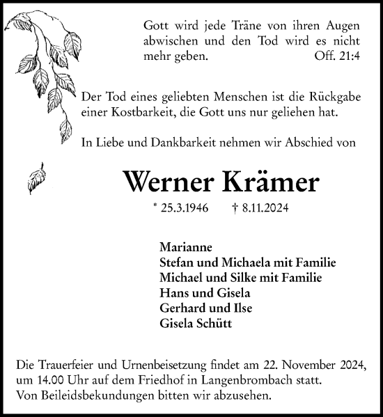 Traueranzeige von Werner Krämer von Odenwälder Echo