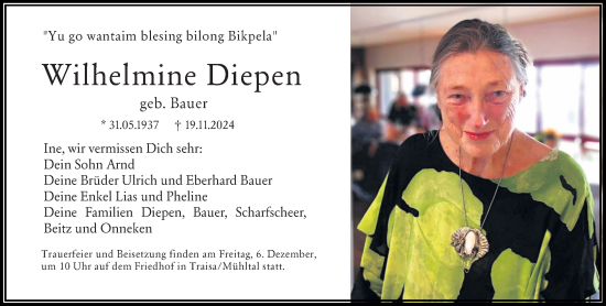 Traueranzeige von Wilhelmine Diepen von Darmstädter Echo