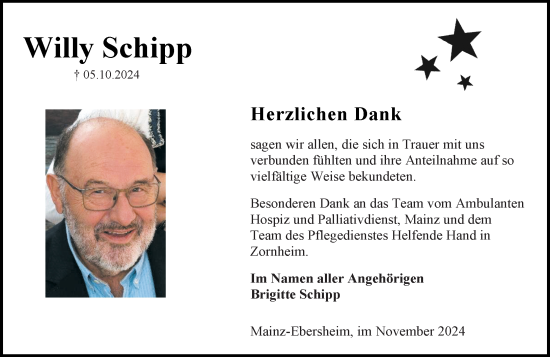 Traueranzeige von Willy Schipp von Allgemeine Zeitung Mainz