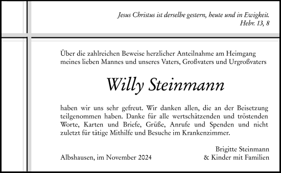 Traueranzeige von Willy Steinmann von Wetzlarer Neue Zeitung