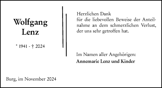 Traueranzeige von Wolfgang Lenz von Dill Block