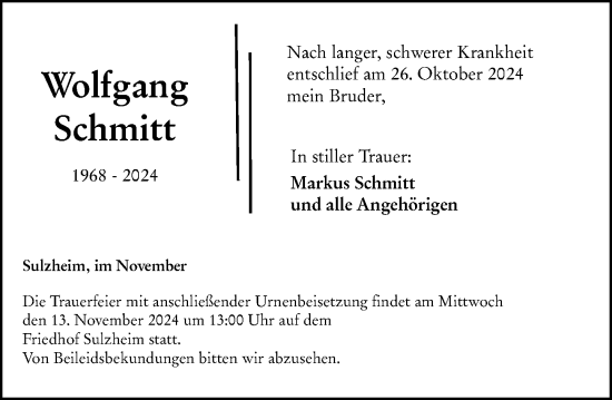 Traueranzeige von Wolfgang Schmitt von Allgemeine Zeitung Alzey