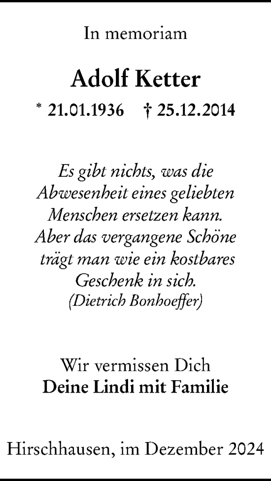 Traueranzeige von Adolf Ketter von Weilburger Tageblatt