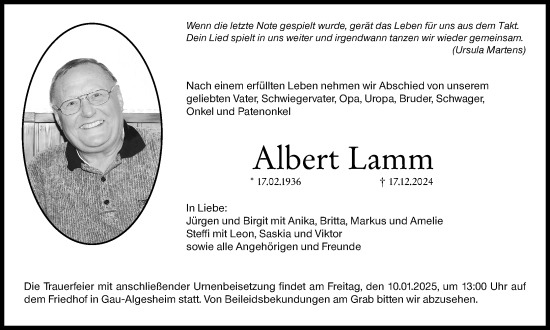 Traueranzeige von Albert Lamm von Allgemeine Zeitung Rheinhessen-Nahe