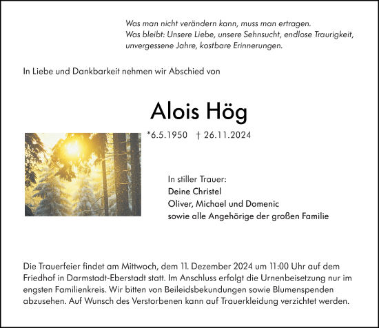 Traueranzeige von Alois Hög von Darmstädter Echo