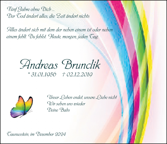 Traueranzeige von Andreas Brunclik von Wiesbadener Kurier Traueranzeige von Andreas Brunclik von Wiesbadener Kurier