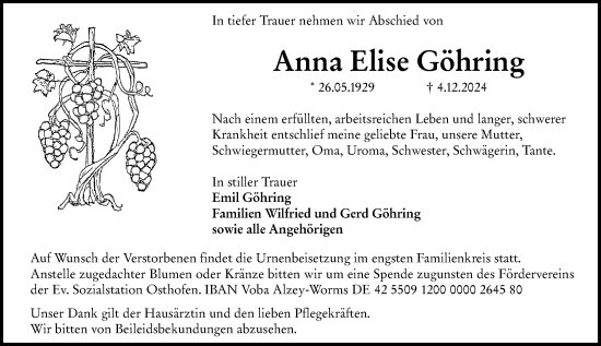 Traueranzeige von Anna Elise Göhring von Wormser Zeitung