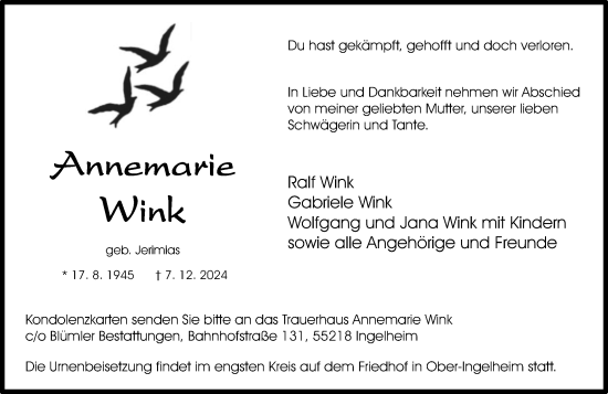 Traueranzeige von Annemarie Wink von Allgemeine Zeitung Rheinhessen-Nahe