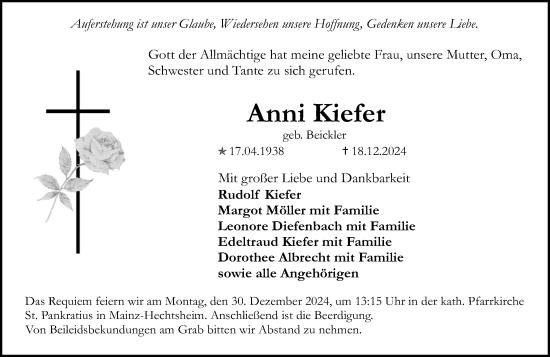 Traueranzeige von Anni Kiefer von Allgemeine Zeitung Mainz