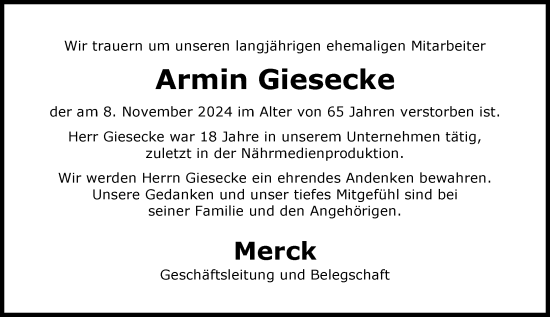 Traueranzeige von Armin Giesecke von Darmstädter Echo