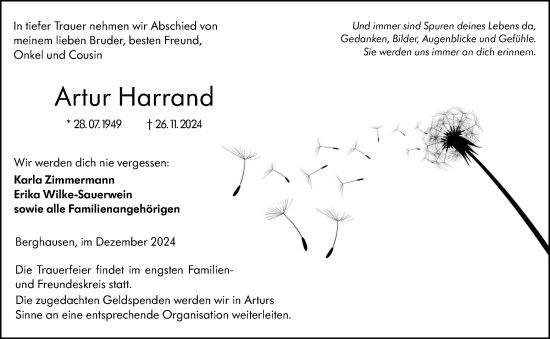 Traueranzeige von Artur Harrand von Wetzlarer Neue Zeitung