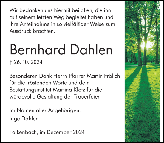Traueranzeige von Bernhard Dahlen von Weilburger Tageblatt