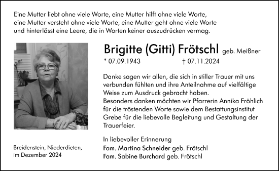 Traueranzeige von Brigitte Frötschl von Hinterländer Anzeiger
