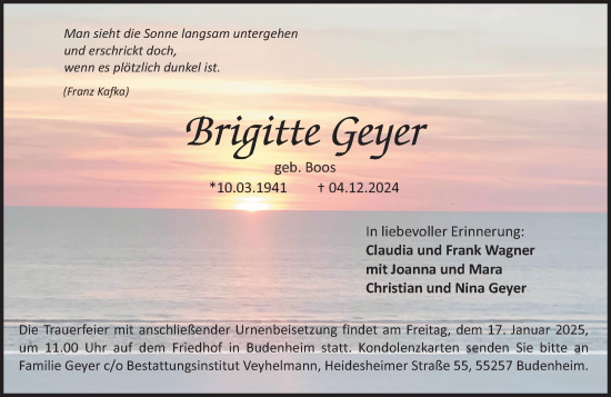 Traueranzeige von Brigitte Geyer von Allgemeine Zeitung Rheinhessen-Nahe