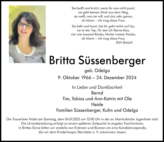 Traueranzeige von Britta Süßenberger von Allgemeine Zeitung Rheinhessen-Nahe