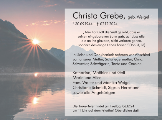 Traueranzeige von Christa Grebe von Hinterländer Anzeiger