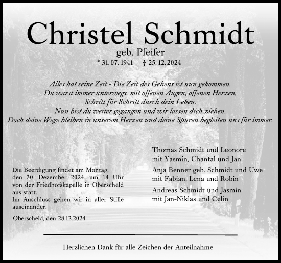 Traueranzeige von Christel Schmidt von Dill Block