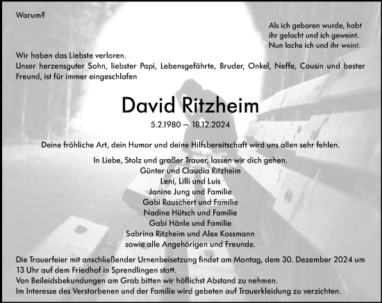 Traueranzeige von David Ritzheim von Allgemeine Zeitung Rheinhessen-Nahe