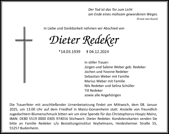 Traueranzeige von Dieter Redeker von Allgemeine Zeitung Mainz