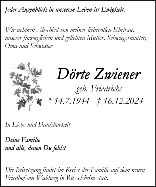 Traueranzeige von Dörte Zwiener von Rüsselsheimer Echo