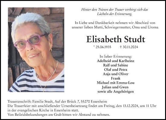 Traueranzeige von Elisabeth Studt von Allgemeine Zeitung Alzey