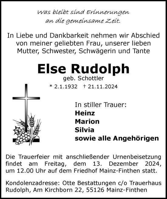 Traueranzeige von Else Rudolph von Allgemeine Zeitung Mainz