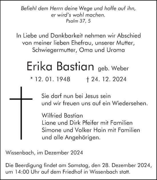 Traueranzeige von Erika Bastian von Dill Block